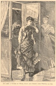 1869 年 12 月、『ギャラクシー』より、風と雨と水しぶきの嵐、そしてポーシャがやってきた 作： Winslow Homer