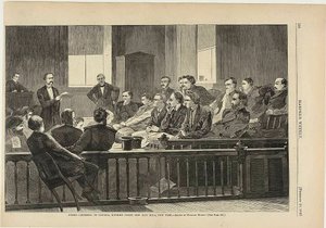 弁護人の話を聞く陪審員たち（ニューヨーク、新市庁舎、最高裁判所 作： Winslow Homer
