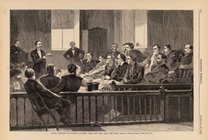 弁護人の話を聞く陪審員たち（ニューヨーク、新市庁舎の最高裁判所）（1869年2月20日付『ハーパーズ・ウィークリー』誌より 作： Winslow Homer