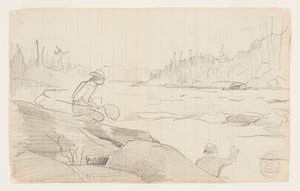 ロッドとネットで釣りをする男性 作： Winslow Homer