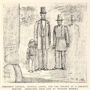 鉄道駅でのリンカーン大統領、グラント将軍、タッド・リンカーン（1887年11月「The Century Magazine」より 作： Winslow Homer