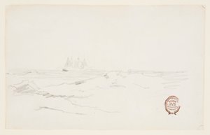 岩の多い海岸近くのスクーナー 作： Winslow Homer