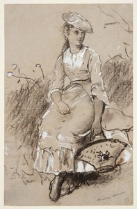 かごを持って座っている女の子 作： Winslow Homer