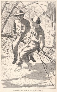 白樺の木の上でブランコ（『Our Young Folks』1867年6月号より 作： Winslow Homer