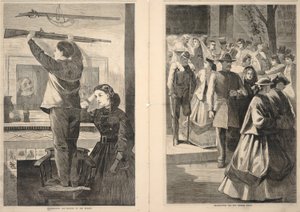 感謝祭の日--マスケット銃を吊るす／感謝祭の日--教会のポーチ（1865年12月23日、フランク・レスリーのイラストレイテッド・ニュースペーパーより 作： Winslow Homer