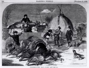 感謝祭の日：方法と手段、「ハーパーズウィークリー」から、1858年11月27日 作： Winslow Homer