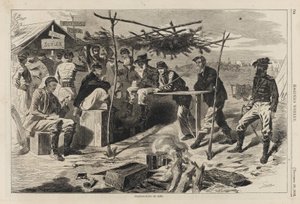 キャンプでの感謝祭、ハーパーズウィークリー発行、11月29日 作： Winslow Homer