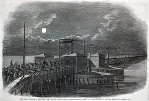 1861年5月24日午前2時、ポトマックにかかるロングブリッジを渡る合衆国大軍の先遣隊（1861年6月8日付『ハーパーズ・ウィークリー』誌より