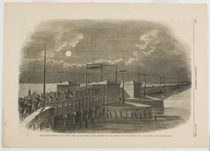 1861年5月24日午前2時、ポトマックにかかるロングブリッジを渡るアメリカ大軍の前衛部隊 作： Winslow Homer