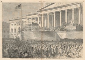 1861 年 3 月 4 日、ワシントン州議会議事堂でのアメリカ合衆国大統領としてのエイブラハム リンカーンの就任式。 ハーパーから