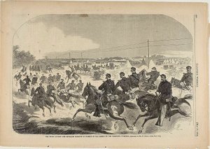 ヨークタウン・ターンパイクで反乱軍を追い始める北軍の騎兵隊と砲兵隊 作： Winslow Homer