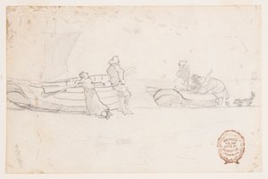 フィギュアのあるビーチの2隻のボート、カラーコート、イングランド 作： Winslow Homer