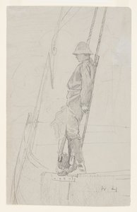ヨットの索具にもたれて若い男 作： Winslow Homer