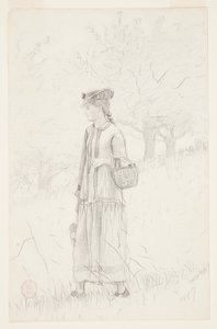 バスケットを運ぶ若い女性 作： Winslow Homer