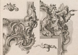 祭壇枠の右下と右上の装飾についての提案、1750年から56年頃の印刷。 作： Wolffgang Christoph Mayr