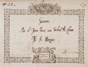 モーツァルトのフォルツ・ピアノとヴァイオリンのためのソナタの表紙です。 作： Wolfgang Amadeus Mozart