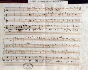 モーツァルトがアカデミコ・フィラルモニコの称号を得るために作曲した「Querite primum regnum Dei」の楽譜ページ（1770年）。 作： Wolfgang Amadeus Mozart