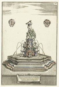 階段のある高台にある六角形の盆地 Fons ex marmore et avrichalc (...) (オブジェクトのタイトル) Architectura Curiosa Nova (シリーズタイトル) 作： Wolfgang Kilian