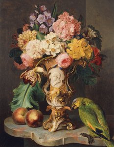 分類された花瓶、桃、大理石の棚にあるオウムの花瓶のある静物、1843年