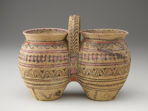 中央ハンドル付き二重壺 前4世紀後半～3世紀 顔料入りテラコッタ 作： Workshop Canosan