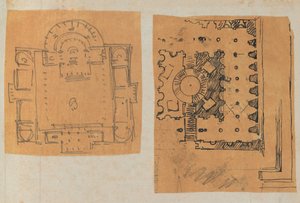 建築・インテリアのドローイングと数枚のプリントを収めたスクラップブックのページ（1800年頃～1850年頃）。制作者シャルル・ペルシエの工房、ピエール・フランソワ・レオナール・フォンテーヌの工房。 作： Workshop of Charles Percier, Workshop of Pierre