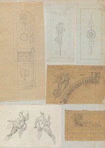 建築・インテリアのドローイングと数枚のプリントを収めたスクラップブックのページ（1800年頃～1850年頃）。制作者シャルル・ペルシエの工房、ピエール・フランソワ・レオナール・フォンテーヌの工房。 作： Workshop of Charles Percier, Workshop of Pierre
