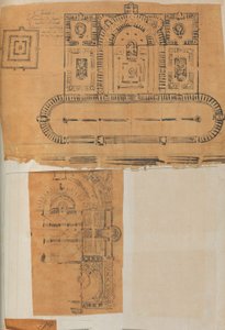 建築・インテリアのドローイングと数枚のプリントを収めたスクラップブックのページ（1800年頃～1850年頃）。制作者シャルル・ペルシエの工房、ピエール・フランソワ・レオナール・フォンテーヌの工房。