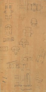 建築・インテリアのドローイングと数枚のプリントを収めたスクラップブックのページ（1800年頃～1850年頃）。制作者シャルル・ペルシエの工房、ピエール・フランソワ・レオナール・フォンテーヌの工房。