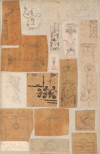 建築・インテリアのドローイングと数枚のプリントを収めたスクラップブックのページ（1800年頃～1850年頃）。制作者シャルル・ペルシエの工房、ピエール・フランソワ・レオナール・フォンテーヌの工房。 作： Workshop of Charles Percier, Workshop of Pierre