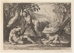 マーキュリーが剣を上げて眠っているアーガスを倒す風景 作： Workshop of Hendrick Goltzius, after Hendrick Goltzius