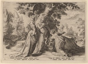 ケクロプスの娘たちがミネルバから託された棺を開ける 作： Workshop of Hendrick Goltzius, after Hendrick Goltzius