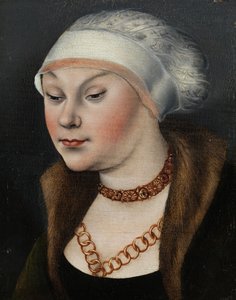 ドイツ語: Kopf einer Dame mit weißer Haube (Omphale) 白いボンネットをかぶった女性の頭部 作： ルーカス・クラナッハ・ザ・エルダーのワークショップ