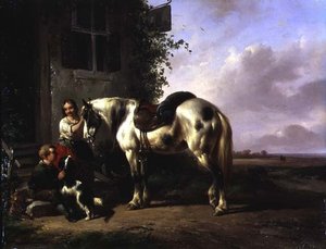 少女、少年、犬、馬がいる旅館の外観 作： Wouterus Verschuur