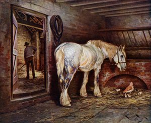 一日の終わりに: 厩舎で男が暴れまわる馬 (カラー リソ) 作： Wright Barker