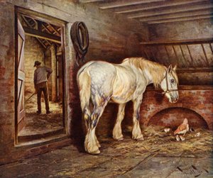 一日の終わり-農耕馬は家に帰る（カラーリトグラフ 作： Wright Barker