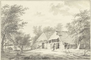農場のある風景とバスケットを持つ女性 作： Wybrand Hendriks