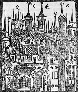 1497年『エングロンデの年代記』からの木版画 作： Wynkyn de Worde