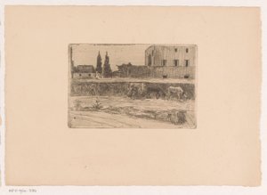 建物のある風景と仕事中の人物 作： Xavier Mellery (attributed to)