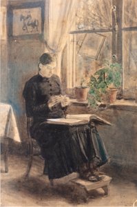 レース職人の女性 (La Dentellière) (水彩) 作： Xavier Mellery