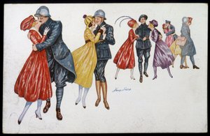 軍人とその婚約者、結婚者、友人 - グザビエ・セイガー（1870-1930）のイラスト ポストカード、v.1915年 作： Xavier Sager