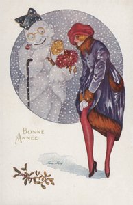 少女と雪だるまの年賀状