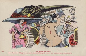 大きな帽子と関連する帽子のピンの危険を風刺するポストカード-1909年のファッション 作： Xavier Sager