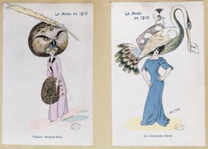 「イーグルフクロウの毛皮の帽子」と「鶴の帽子」、漫画のファッションプレート、1910
