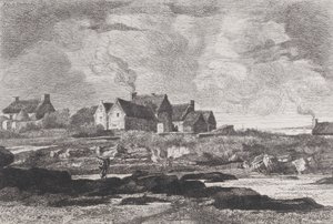 右手に川が流れ、背景に家々がある田舎の風景 1845-75年 作： Xavier de Dananche