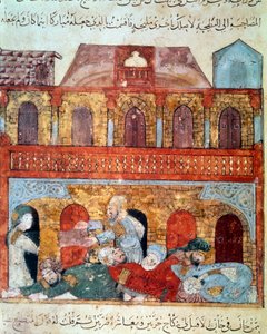 放浪する航海士アブ・ザイード（アブ・ザイード、Abu Zayd）と眠る商人たち Miniature taken from the "Maqamat" (Seances) by Abu Mohammed al-Kasim ibn Ali Hariri (or Al-Hariri or Al Hariri) (1054-1122) enlumined by Yahya Mahmud al-Wasiti (al-Wasiti) in. 作： Yahya ibn Mahmud Al Wasiti