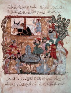 1237年にヤヒヤ・マフムード・アル＝ワシティ（al-Wasiti）が盛り上げたアブ・モハメド・アル＝カシム・イブン・アリ・ハリリ（またはアル＝ハリリまたはアル＝ハリリ）（1054-1122）の「Maqamat」（降霊術）のミニチュア・リスナーの前にいる放浪の航海士アブ＝ザイード（Abu Zayd, Abu Zayd）。 作： Yahya ibn Mahmud Al Wasiti