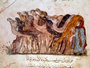 ラクダとラクダの集団、砂漠でのキャラバン。アラブの詩人Abu Mohammed al-Kasim ibn Ali Hariri (or Al-Hariri or Al Hariri) (1054-1122)がAl-Wasiti (al-Wasiti)の絵で描いた11世紀のピカレスク詩 "Maqamat"(Seances)のページ。 作： Yahya ibn Mahmud Al Wasiti