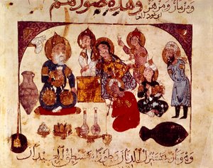 ハナの酒場でのアブー・ザイード（『Maqamat（Sayings）』（ms. 3929, fol. 34v）の細密画 作： Yahya ibn Mahmud Al Wasiti