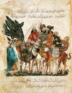 アラブの商人たちのキャラバン、アル・ハリリ作「マカマート（集会）」の細密画、1240年頃（ベラムにグワッシュ