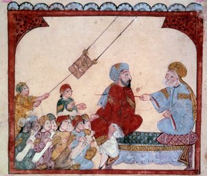 放浪の航海者アブ・ザイード（Abu Zayd, Abu Zayd） アブ・モハメッド・アル・カシム・イブン・アリ・ハリリ（またはアル・ハリリまたはアル・ハリリ）（1054-1122）が1237年にヤヒヤ・マフムード・アル・ワシティ（al-Wasiti）に盛り上げてもらった「Maqamat」（降霊術）のミニチュア先生（パリ、パリ、B 作： Yahya ibn Mahmud Al Wasiti